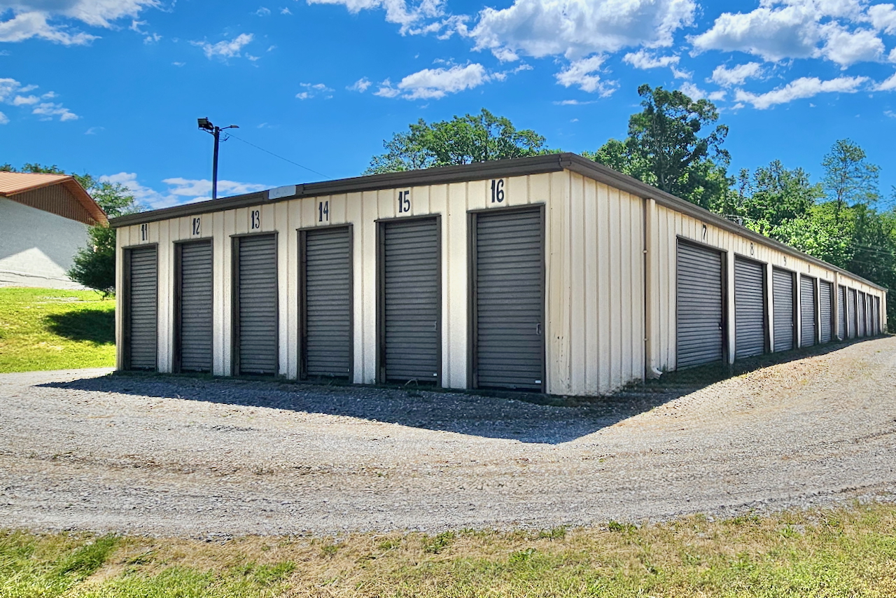 Row of drive-up storage units at Storage Depot in Monteagle, TN, ideal for household and business storage needs.