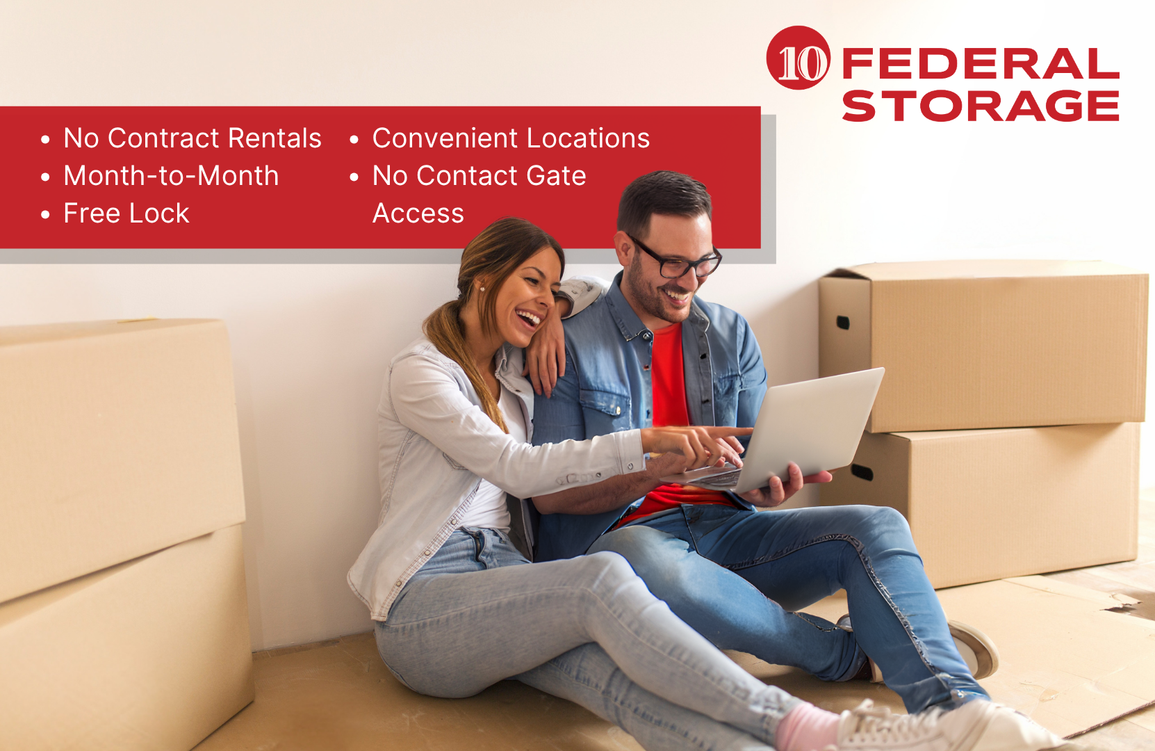 moving couple on laptop looking at storage units