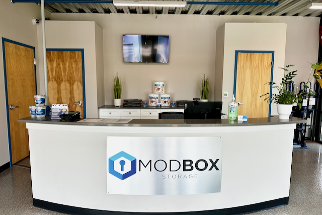 Modern and friendly reception lobby at ModBox Storage in Mebane, North Carolina