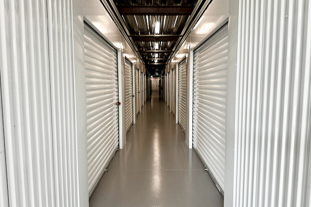Bright and clean indoor corridor at ModBox Storage, 4550 Arrowhead Blvd, Mebane, NC
