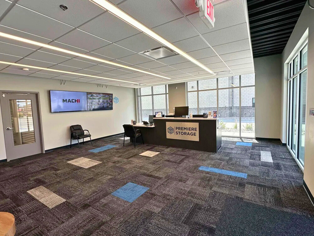 Modern office interior with seating and front desk